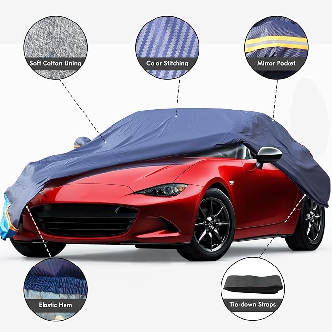 Car Cover Waterproof All Weather, 6 Layers Outdoor Full Exterior Cover Rain Sun UV Snowproof Protection with Zipper Cotton, Mirror Pocket for Mazda MX-5