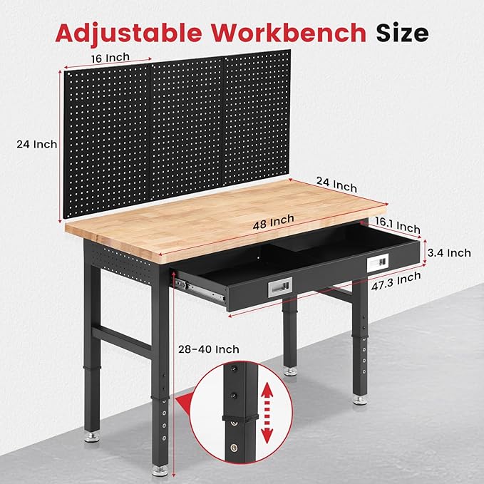 ENJOYWOOD Work Bench with Storage Adjustable Workbenches with Drawer for Garage 48 Inch Rubber Wood Top Garage Workbench with Pegboard, Power Outlets for Woodworking,Home, Office, Workshop
