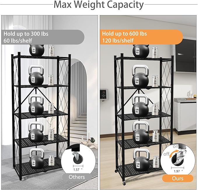 5 Tier Folding Shelf with Wheels,Metal Steel Collapsible Shelves,No Assembly Portable Shelves Organizer Rack,Rolling Standing Utility Rack for Kitchen, Pantry, Office, Black