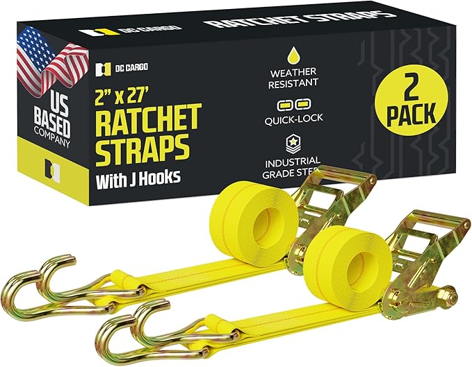 DC Cargo Tie-Down Ratchet Straps J-Hooks, (Pack of 2) Heavy Duty 2" x 27' Tie-Down Ratcheting Cargo Truck Straps Wire Hook Ends, J-Hook Ratchet Strap Tie-Downs
