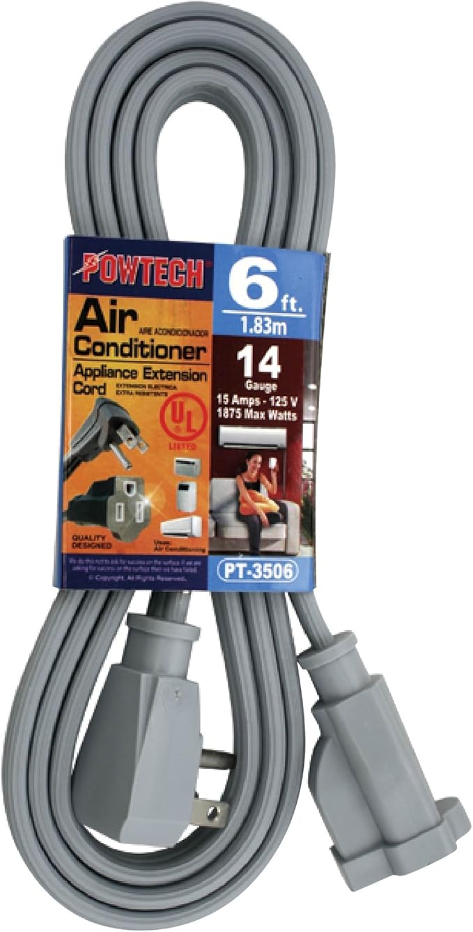Heavy duty 6 FT Air Conditioner and Major Appliance Extension Cord UL Listed 14 Gauge, 125V, 15 Amps, 1875 Watts GROUNDED 3-PRONGED CORD