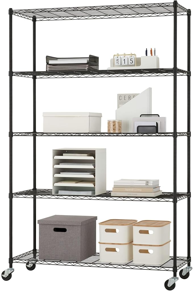 5-Tier Adjustable Wire Shelving with Wheels, Wire Shelf Rack for Kitchen Organization, Garage Storage, 400 to 2000 Pound Capacity, NSF Certified, 48” x 18” x 72”, Black