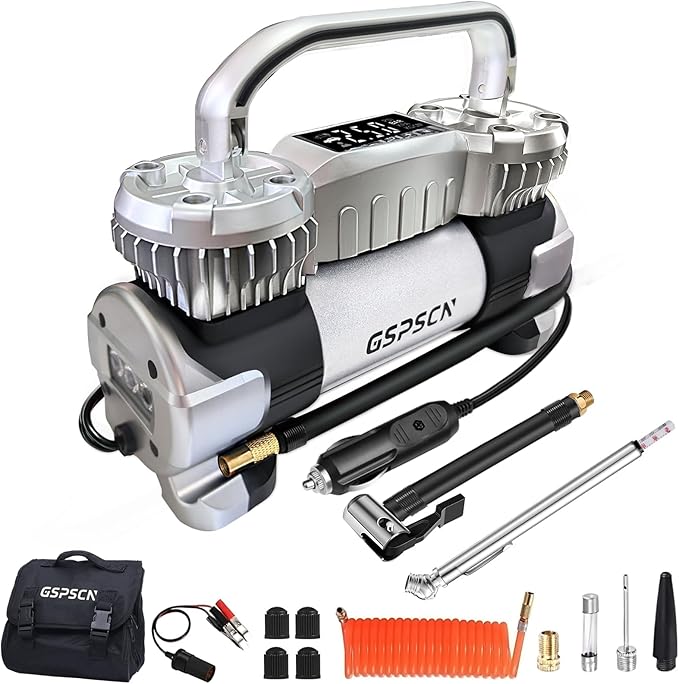 GSPSCN 6X Faster Inflation Digital Dual Cylinder Portable Air Compressor,12V Metal Tire Inflator w/Adapter & Pencil Pressure Gauge 150PSI LED Light丨Heavy Duty Air Pump for Car,Truck,SUV,ORV,RV,Balls