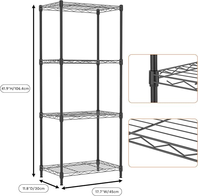 M MZG 4 Tiers Shelf Metal Storage Shelves Wire Rack Closet Organizers for Garage Kitchen Bathroom Laundry Black 11.8" D x 17.7" W x 41.9" H
