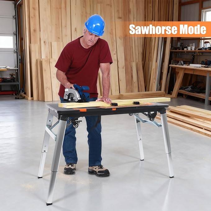 7 in 1 Work Benches Multifunctional Folding Work Table for Garage, Portable Workbench, Sawhorse, Scaffold, Platform, Mobile Workbench, Dolly and Hand Truck with 4 Wheels