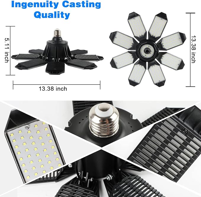 Garage Lighting - 80000LM Super Bright 6500K Garage Lights Ceiling Led w/ 8 Deformable Panels Compatible for E26/E27 Screw in Garage Light Bulb for Shops Barn Basement Attic - 4Pack