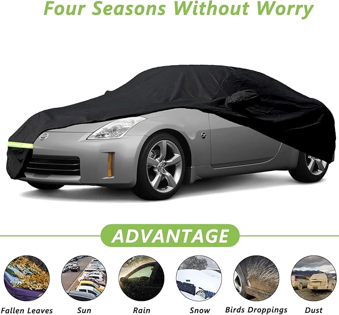 YIXIN Waterproof Car Covers for 2003-2009 Nissan 350Z Car Covers 190T Covers Customer Fit 100% Waterproof Windproof Strap & Double Door Zipper Up to 173” L (Black) (Black)