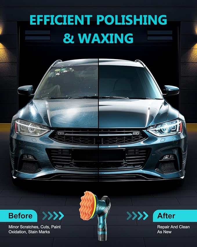Cordless Car Buffer Polisher Kit - 6 Inch Dual Action Random Polishing Wax Machine for Car Detailing,2Pcs 2000mah Batteries,6 Variable Speed 2500-5000RPM,Orbital Polisher for Car Boat Polishing Waxing