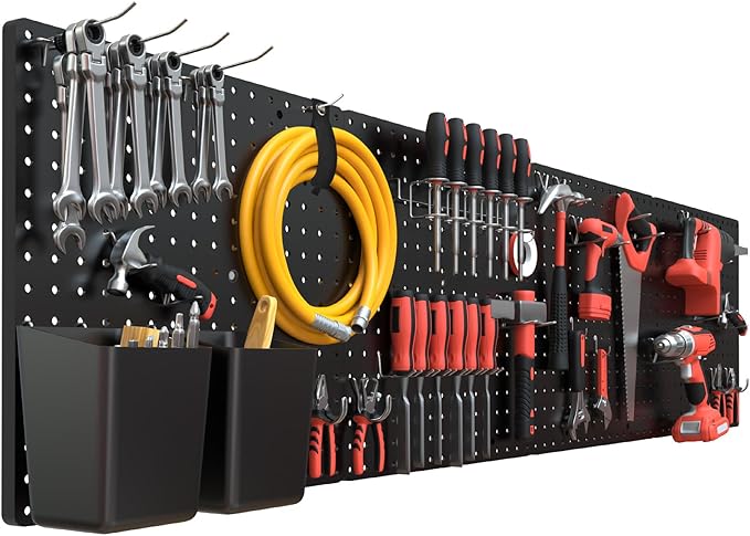 FZK Peg Board,Pegboard 32"*32",Peg Board Wall Organizer with Strong Ribs Back Holds up for 200Ib, 4pcs Black Pegboard for Garage Tool Storage Craft Room Kitchen Workbench Office