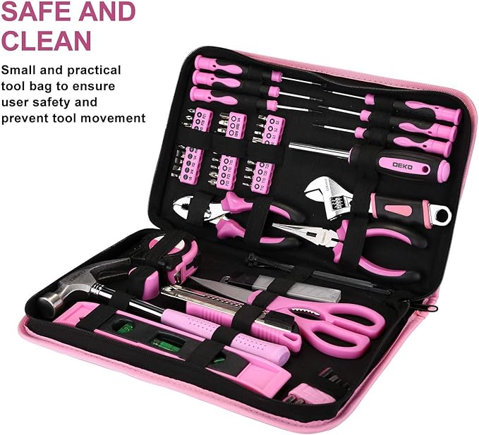 DEKO Pink Tool Set 110 Piece Household Tool Kit,Ladies Portable Tool Set with Easy Carrying Pouch, Perfect for DIY Projects, Home Maintenance