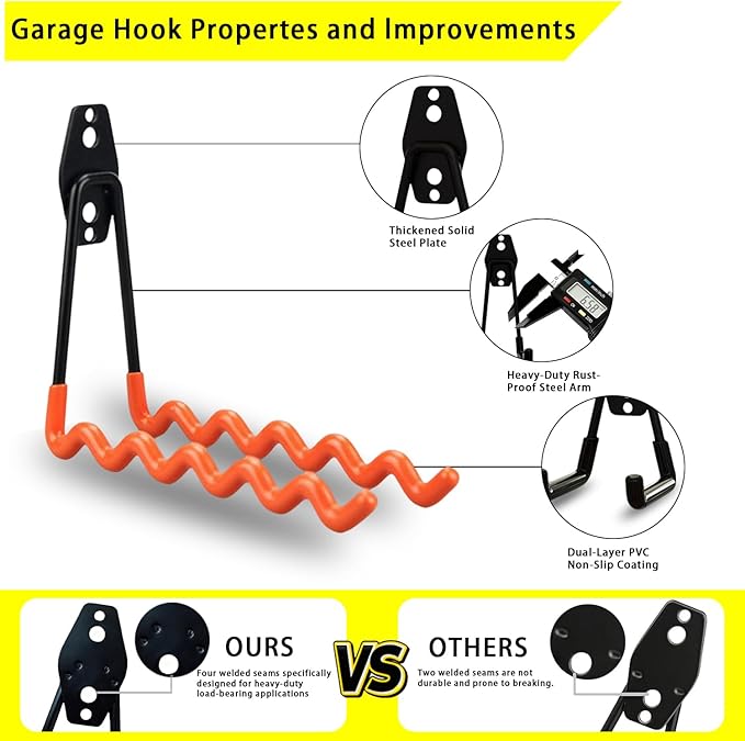 8 Pack Garage Hooks Heavy Duty with Anti-Slip Coating, Steel Utility Wave Hooks for Hanging Ropes, Bikes, Garden Tools, Hoses and More (Orange)