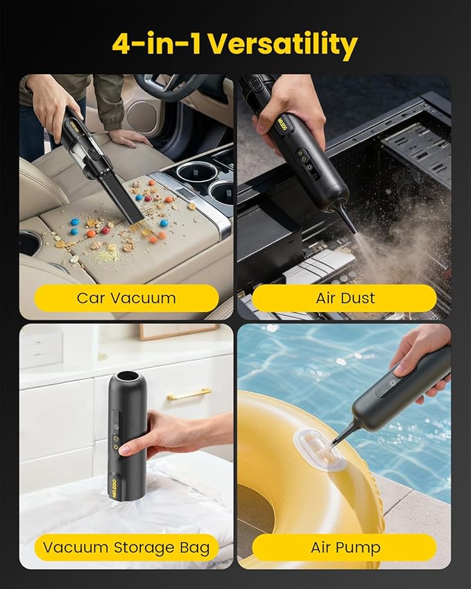 Mr.ego Handheld Car Vacuum Portable Cordless, 4-in-1 Mini Vacuum with 18500Pa Strong Suction, Desk Vacuum Cleaner and Air Duster with Green LED Light for Small Jobs, Car, Home, Keyboards (Black)