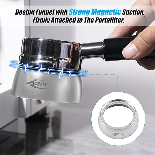 IKAPE Dosing Funnel Set, 53mm Espresso Dosing Ring & Puck Screen Kit Compatible with 53 mm Bottomless Portafilter Silver