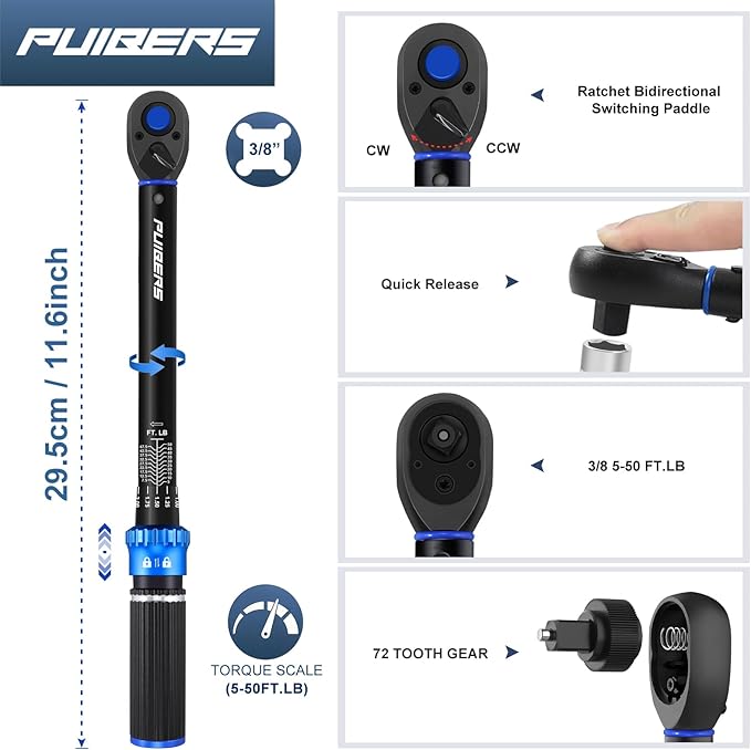Torque Wrench 3/8 drive, 3/8 Inch Drive Click Torque Wrench Moto 5-50 FT.LB/6.8-67.8 Nm,Dual-Direction Adjustable 72 Tooth, Mechanic Wrenches Tools for Bike, Motorcycle and Car Repair