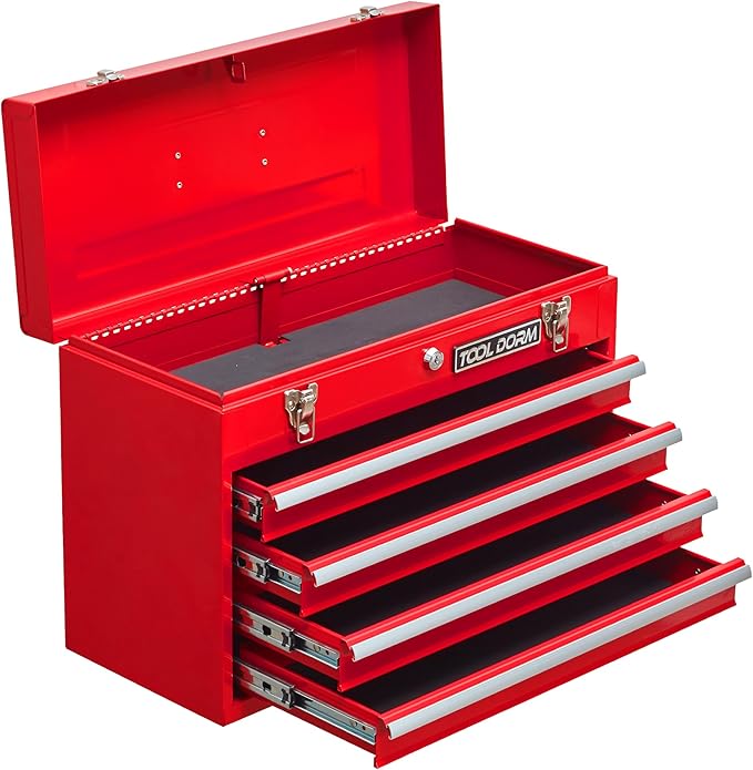 Metal Tool Box with 4 Drawers Portable Steel Tool Chest with Metal Cylinder Lock and Latch Closure, Liner, Red Powder coating, suitable for Garage, Warehouse and Outdoor Repair job