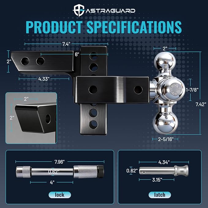Adjustable Trailer Hitch Fit 2 Inch Receiver, Tri-Ball (1-7/8", 2", 2-5/16") Heavy Duty Aluminum Tow Hitches with 8 Inch Rise/Drop for Truck (12500 LBS GTW)-Weatherproof & Anti-Theft