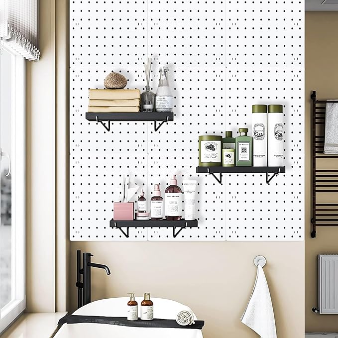 Black Pegboard Shelf, 8 Pack Wooden Pegboard Shelves with Metal Brackets Hooks, Heavy Duty Peg Board Organizer Shelves, Pegboard Accessories Organizer for Crafts Room, Garage, Workbench, Office
