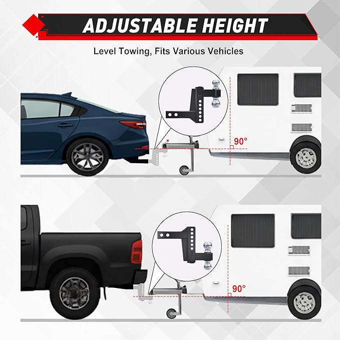 TYT Adjustable Truck Trailer Hitch for 2.5 inch Receiver, 6" Drop/Rise Tow Hitch with Dual Balls (2" & 2-5/16"), Includes Two Pin Locks & Hitch Tightener