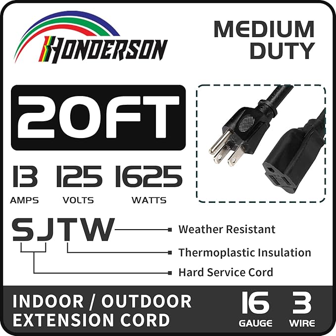 20FT Outdoor Extension Cord-16/3 SJTW Durable Black Extension Cord for Christmas Lights with 3 Prong Grounded Plug for Safety,Great for Outside Christmas Decorations