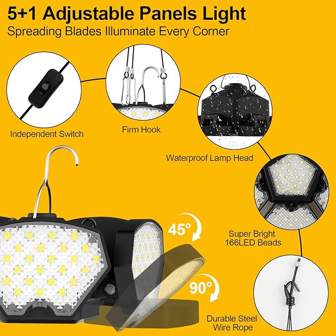 Cordless LED Work Light Compatible with DeWalt 20V Battery, 65W 6500LM Flood and Ceiling Pendant Light with USB & Type-C Charging Port, 5+1 Deformable Panels for Garage, Workbench, Job Site, Camping