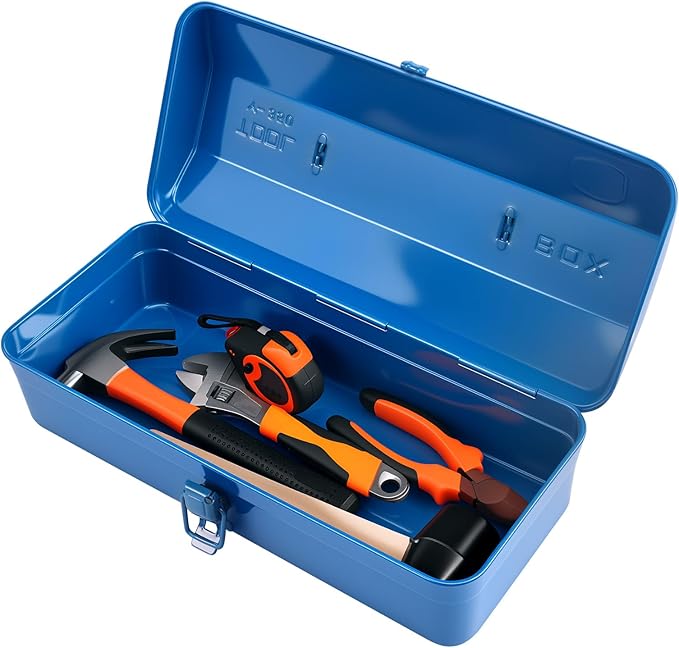 Large Metal Tool Storage Box with Handle for Workshop,15 inches Portable Tool Case with Lid，Locking Organiser Box for Hardware Part(blue)