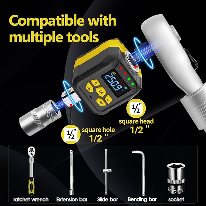 Digital Torque Adapter Set, 1/2" Electronic Torque Wrench Adapter, 12-250 ft-lb (17-340 Nm), Buzzer & LED Alert, for Ratchet & Breaker Bar, Includes 1/4" & 3/8" Adapters