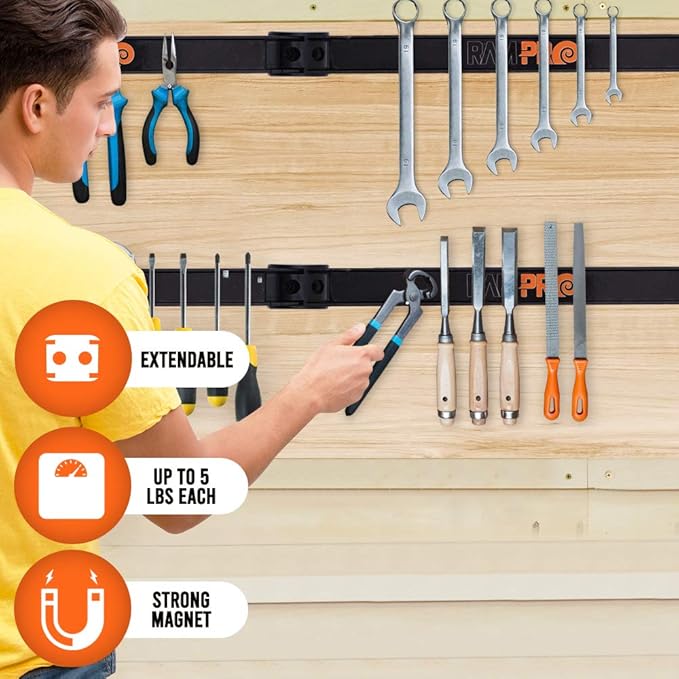 12" Magnetic Tool Holder Strip - A Tool Magnet Bar for Garage Organization, Shop Organization, and Workbench Accessories, Best Father's Day Gift, Easy To Install in Workshop, Mounting Screws Included.