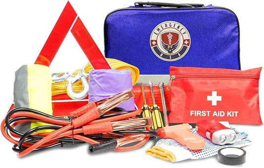 Roadside Car Emergency Kit - First Aid Set, Jumper Cables, Tow Strap, LED Flash Light, Rain Coat, Tire Pressure Gauge, Safety Vest and More (Blue)
