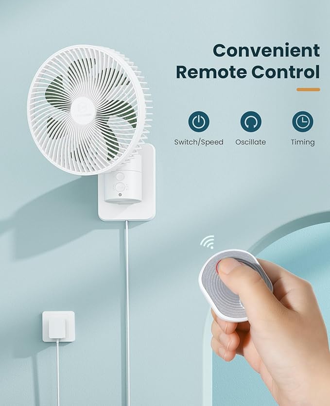 LEMOISTAR 8 Inch Small Wall Mounted Fan with Remote Control, 90° Oscillating, 4 Speeds High Velocity, Timer, Adjustable Tilt, 70 Inch Cord, Quiet, for RV Bedroom Home Office Garage-White