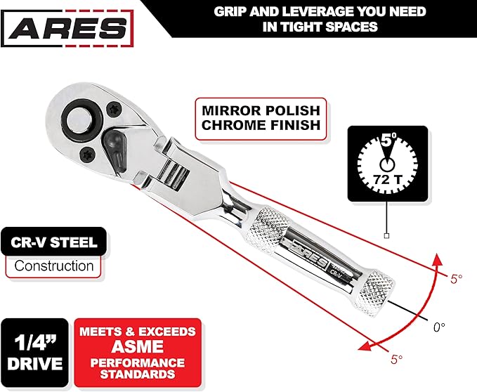 ARES 42043 - Flex Head Stubby Ratchet - 1/4-Inch Drive 72-Tooth Ratchet - Premium Chrome Vanadium Steel Construction & Mirror Polish Finish - Quick Release Reversible Direction Head Design
