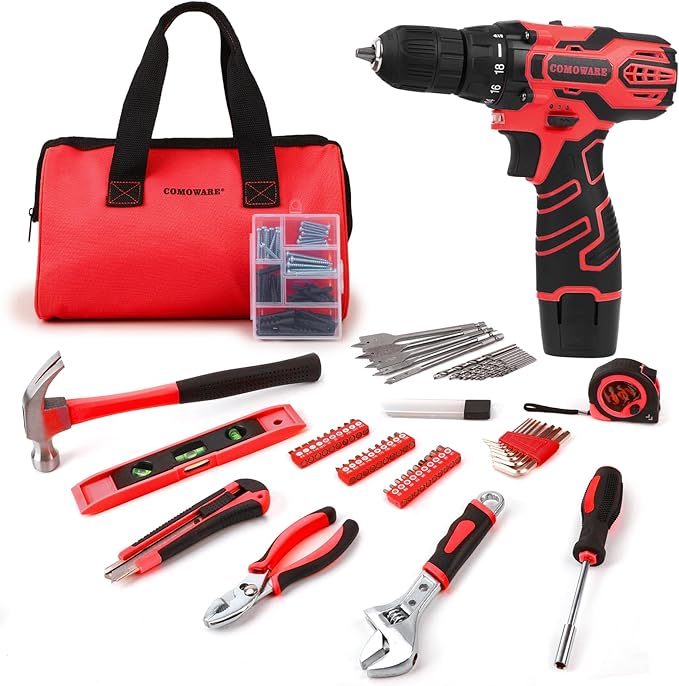 COMOWARE 12V Cordless Drill Set, 169Pcs Hand Tool Set with Cordless Drill Driver, Complete Repair Tool Kit for Men, Storage Bag, Ideal for Office, Garden, Dorm and DIY Project