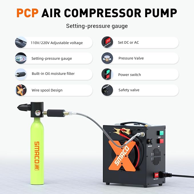 PCP Air Compressor 4500Psi/30Mpa High Pressure Air Compressor for Paintball/Scuba Tank, Oil-Free & No-noise & Auto-Shut off Air Compressors for Air Rifle/PCP Air-Gun, Powered by 12V DC or 110V-220V AC