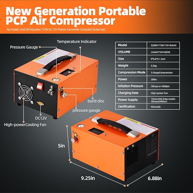 PCP air compressor, 4500 Psi / 30 Mpa, powered by 110V AC / 12V DC, manual stop, oil-free/water-free, built-in cooling fan, suitable for paintball shooting and PCP air guns