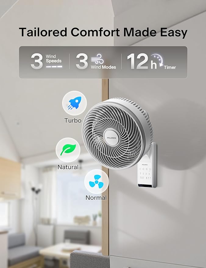 PELONIS 14 inch Wall Mount Fan with Remote Control, Osicllating Fan with 26ft Powerful Airflow, 3 Speed & 3 Modes, Auto 90° Horizontal & 68° Vertical Tilt, Indoor, 36dB, Ideal for Home, Garage, Gym