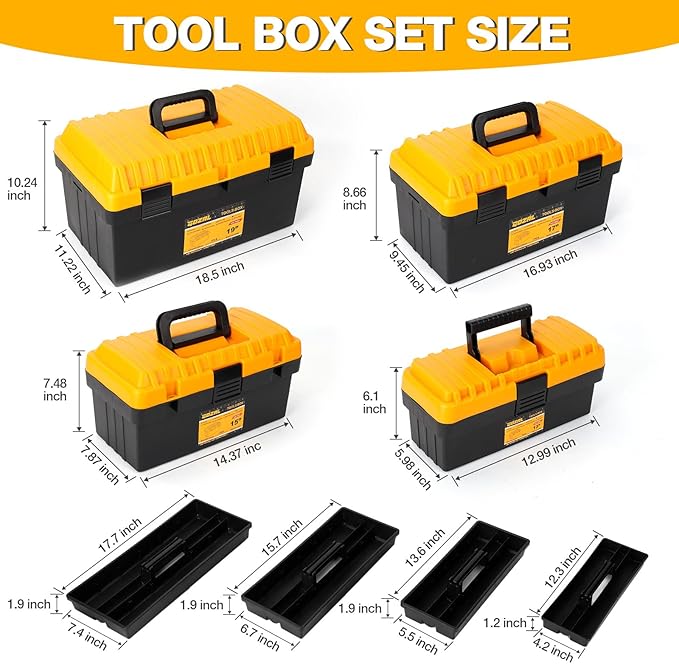 4 Pack Tool Box Heavy Duty Plastic Toolbox with Removable Trays & Dividers,Professional Lockable Portable Storage Box 13"15"17"19"Organizers for Garage Workshop Jobsite Home Hand Power Craft Tools