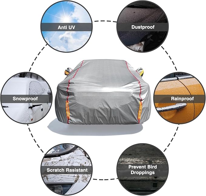 Car Cover Waterproof All Weather, 6 Layers XXL Full Exterior Covers with Zipper Cotton, Mirror Pocket. Outdoor Car Cover UV Snow Rain Wind Dust All Weather Outdoor Protection for Sedan (196-210 inch)