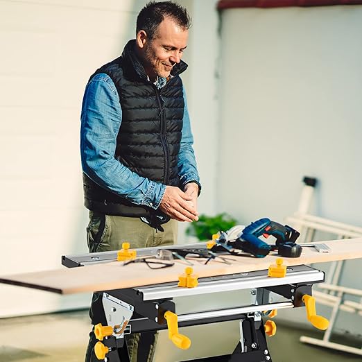 Portable Workbench, Folding Work Bench and Vise with 2 Rotary Handles, 7-Level Adjustable Height, 8 Sliding Clamps, Tiltable & Extendable Tabletop, Workbench Table for Garage, Workshop