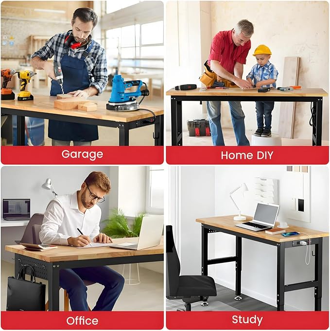 ENJOYWOOD Workbench with Pegboard 48 Inch Work Bench for Garage Adjustable Height Rubberwood Tabletop Garage Workbench with Power Outlet for Woodworking, Home, Office, Workshop