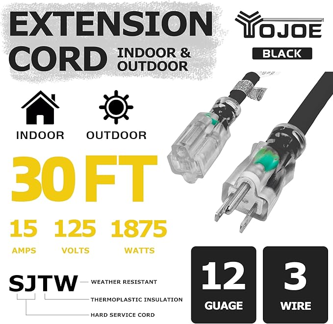 YOJOE Indoor Outdoor Extension Cord with Lighted End, 3 Prong 15A Weatherproof Power Cord, 12 Gauge Heavy Duty 30 ft Black Extension Cord for Garage, Garden and Home, 12/3 SJTW UL Listed