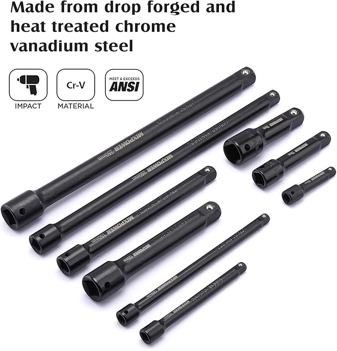 MIXPOWER 9-Piece Extension Bar Set, 1/4", 3/8" and 1/2" Drive Socket Extension, Premium Chrome Vanadium Steel with Black Phosphate Finish, Engineered for Impact Drivers