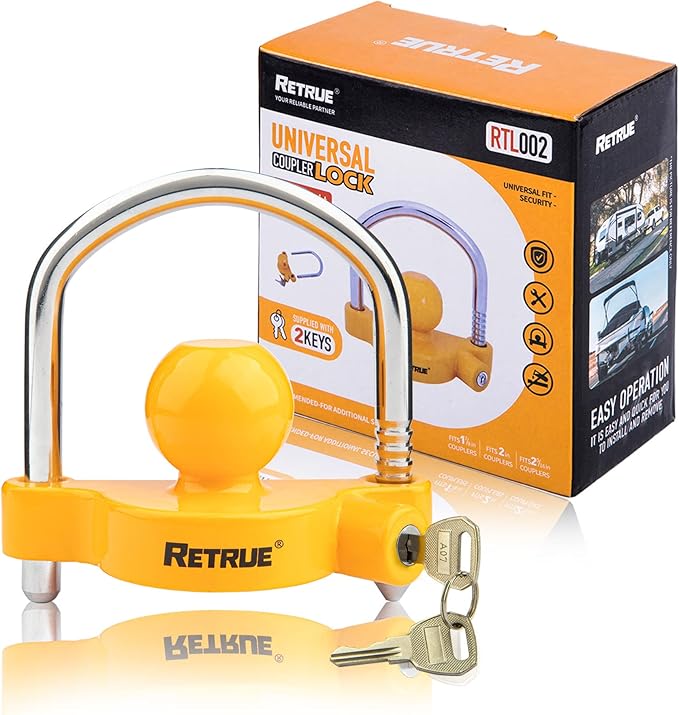RETRUE Universal Coupler Lock Trailer Locks Ball Hitch Trailer Hitch Lock Adjustable Security Heavy-Duty Steel Fits 1-7/8 Inch, 2 Inch, 2-5/16 Inch Couplers (Pack of 2)