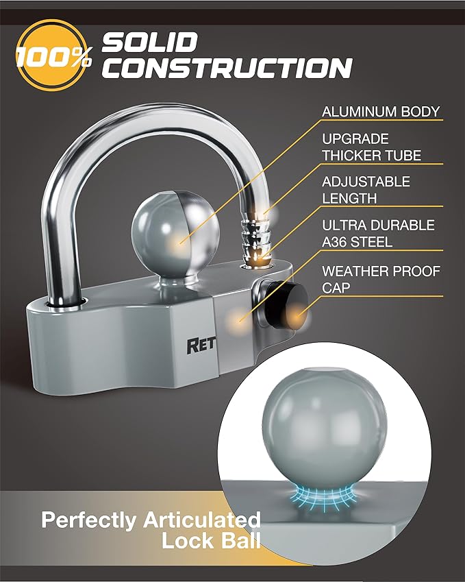 RETRUE Heavy-Duty Universal Coupler Lock Trailer Locks Ball Hitch Trailer Hitch Lock Adjustable Security Steel Fits 1-7/8 Inch, 2 Inch, 2-5/16 Inch Couplers Grey & Silver