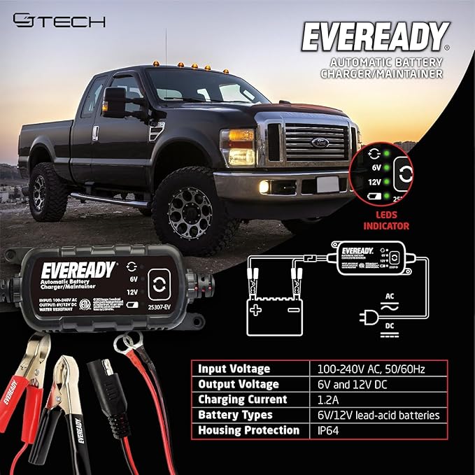 Eveready 1.2A Car Battery Charger – Automatic Float Trickle Charger for Car Battery 12V & 6V Lead Acid, Portable Car Battery Charger and Maintainer with Overcharge & Short-Circuit Protection
