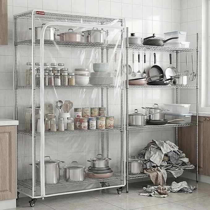 Clear PVC Wire Shelf Cover, 48" W x 18" D x 72" H, 3-Way Opening with Two-Way Zippers, Waterproof Transparent Shelving Cover for Storage Rooms & Utility Areas, Laundry Room, Kitchen & Garage