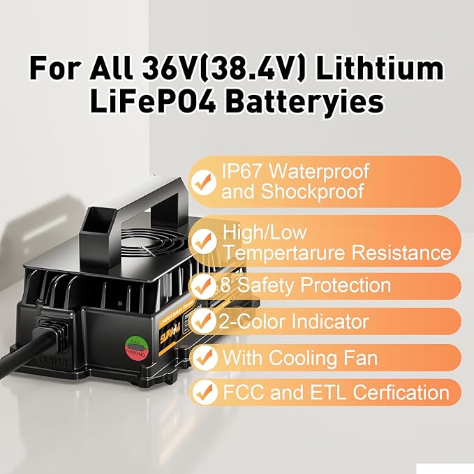 Suraziki 36V Lithium Golf Cart Battery Charger -43.8Volt 25AMP Onboard LiFePO4 Charger for 38.4V 12S Marine Solar Batteries,Waterproof Smart Charger with 0V BMS Activate Mode
