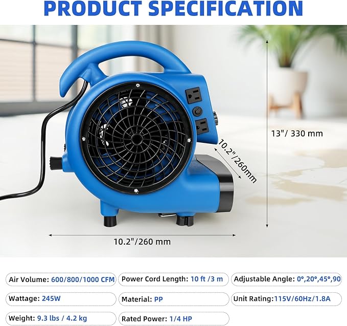 Air Mover, 1/4 HP 1000 CFM Carpet Dryer for Cooling and Ventilating, Portable Floor Blower Fan with 4 Blowing Angles and Time Function, for Janitorial, Home, Commercial Use