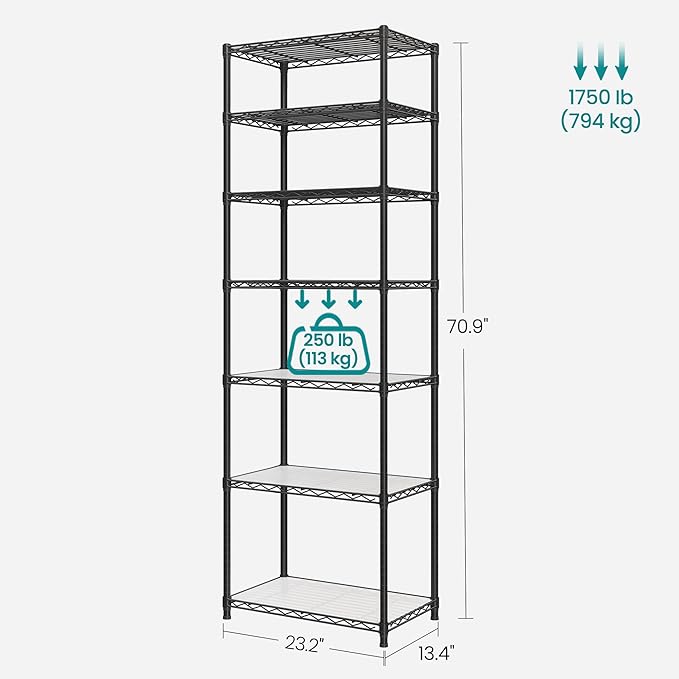 SONGMICS 7-Tier Storage Shelves, Wire Shelving Unit, Kitchen Metal Shelves, Storage Rack with Adjustable Shelves, Shelf Liners, 8 Hooks, for Garage, 13.4 x 23.2 x 70.9 Inches, Black ULGR067B01