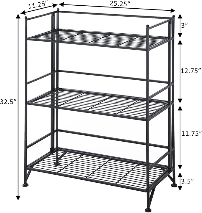 Convenience Concepts Xtra Storage Shelves - 3-Tier Wide Folding Metal Storage Shelves, Closet Organizer for Office, Laundry Room, Bedroom, Garage, Kitchen, Bathroom, Black