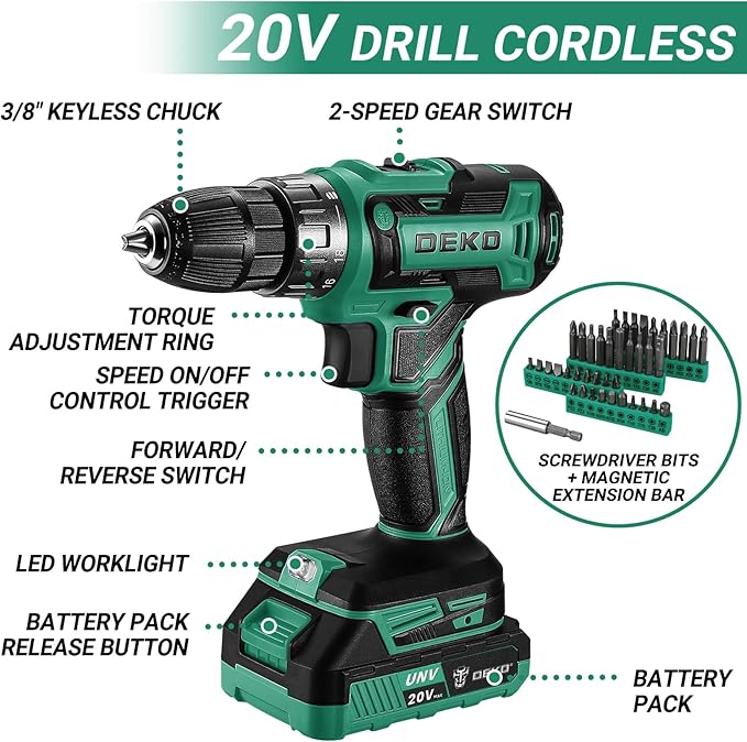 Green Drill Tool Kit Set: 20V Cordless Power Drill Tool Box with Battery Electric Drill Driver for Men Home Hand Repair Basic Toolbox Tools Sets Drills Case