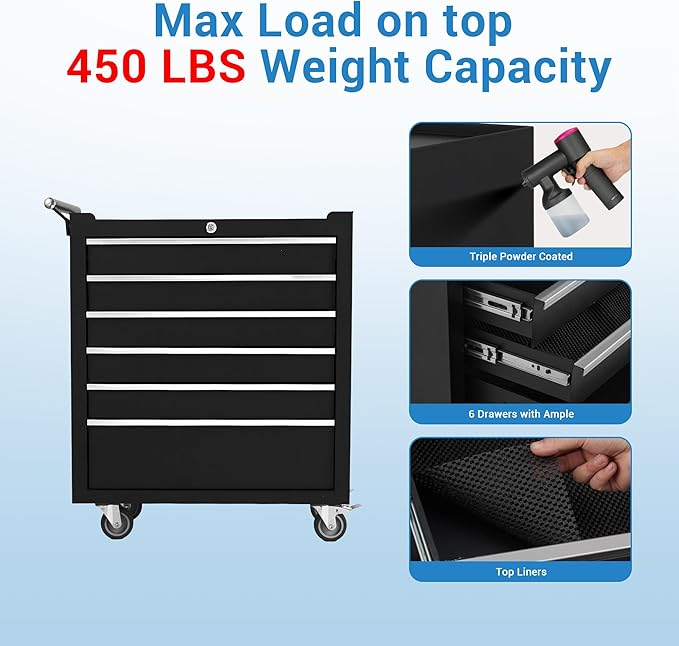 GarveeLife 6-Drawer Tool Box 24" Garage Tool Box with Key Lock and Removable Drawer Liners, Wheeled Design, Suitable for Garages, Warehouses, Workshops, and Repair Shops - Black